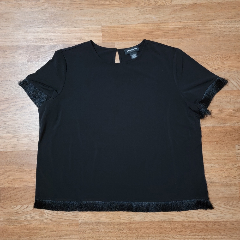XL Liz Claiborne Black Tee with Tassel Sleeve and Hem